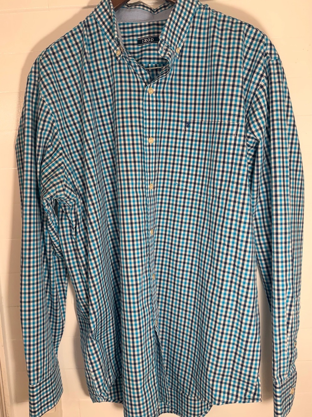 IZOD Men’s XL Blue Aqua Gingham Button Down Long Sleeve Shirt Pocket